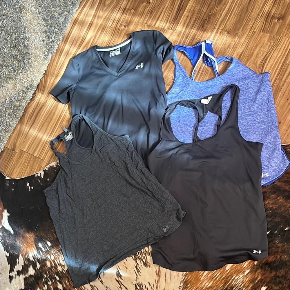 3 Under Armour Black and Blue Sleeveless Tank Tops and 1 short sleeve - large
